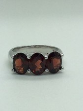 925 Sterling Silver Three Stone Cocktail Ring With Red Garnet Stones Size 7.25
