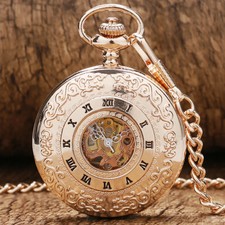 Luxury Rose Gold Mechanical Handwind Skeleton Pocket Watch Roman Number Chain