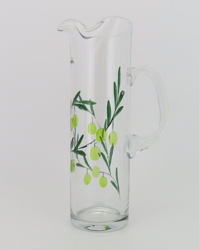 Clear Glass Pitcher Decanter with Olives Branches Colored Etched Design 10.75“H - Picture 1 of 12