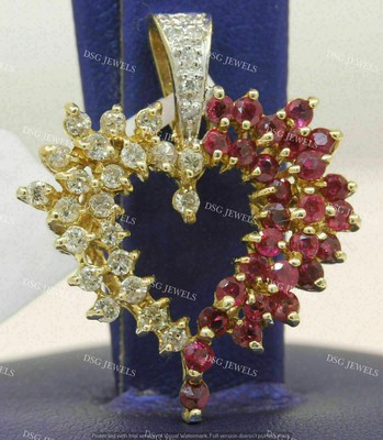 3Ct Round Lab Created Red Ruby Cluster Heart Charm Pendant 14K Yellow Gold Plate
