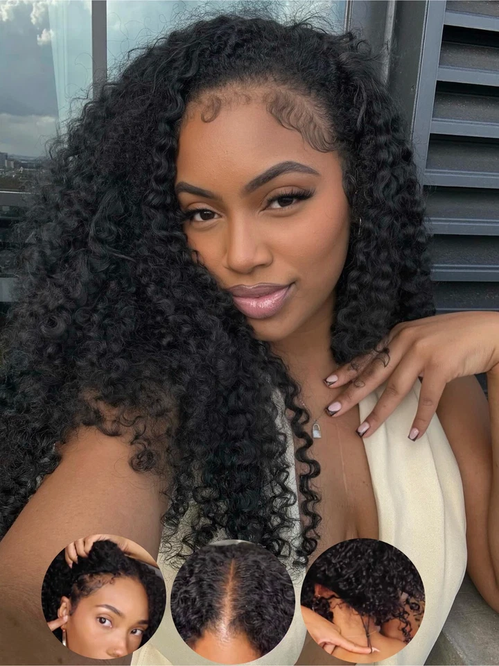 UNICE PELUCA INDIA RIZADA PARTE EN V cabello humano con cordón peluca Wear Go sin pegamento EE. UU. Foto 3 de 4