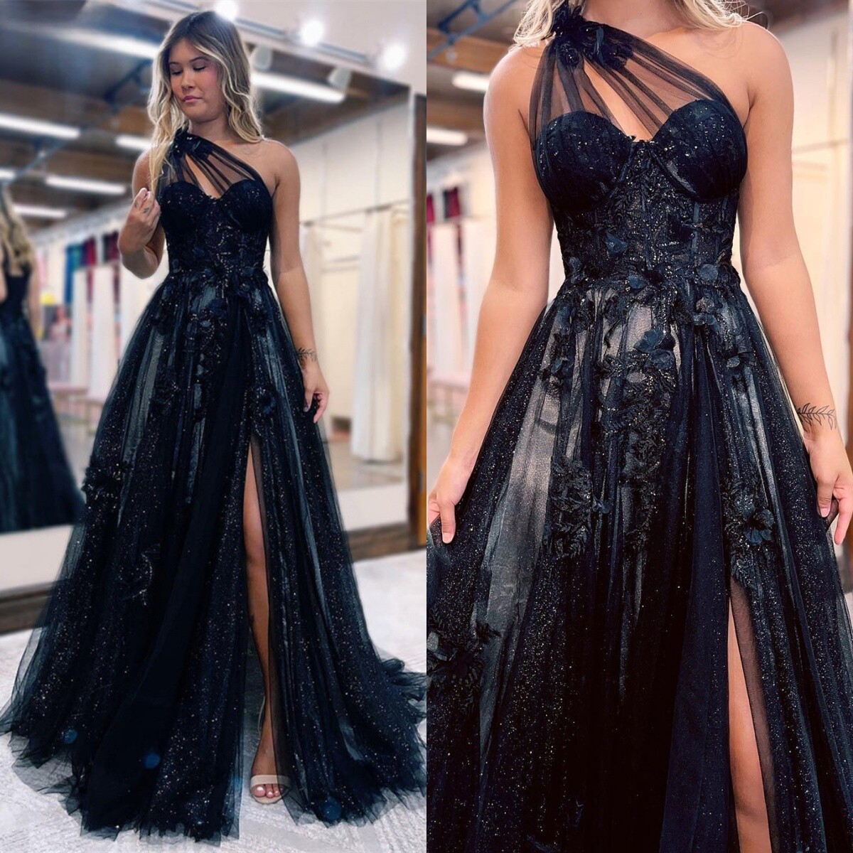 パーティードレス Criss Cross Open Back Black Shimmer Prom Dress Gothic Black Prom Dresses One Shoulder Backless 3D Floral