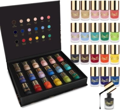 BEAUTY4BRITAIN Matte Nail Polish Set 18 Nail Polish 18 Different Shades Luxury Black & Gold Box