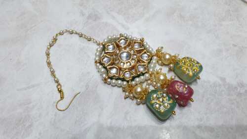 Pakistani Bollywood Gold Plated Multicolor Maang Tikka Kundan Head Jewelry Set - Picture 1 of 3