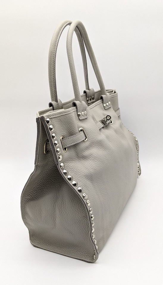 Italian Pibble Italian Genuine Pebble Leather Studded Satchel Gray – Made In Italy | eBay