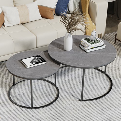 Modern Nesting Coffee Table Round Sintered Stone Top Metal Frame 32 ...