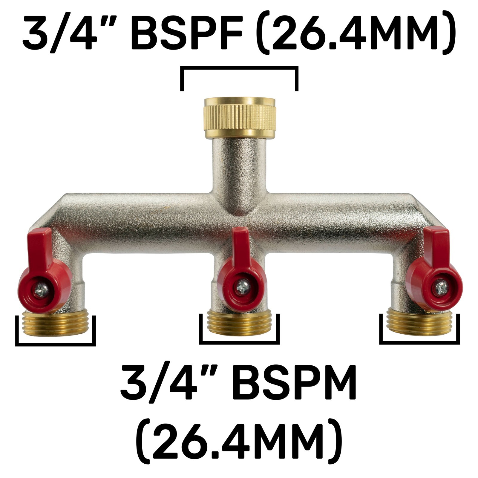 Three-Way Metal Tap Splitter, Individual Water Flow Control Valves, 3/4"" BSP