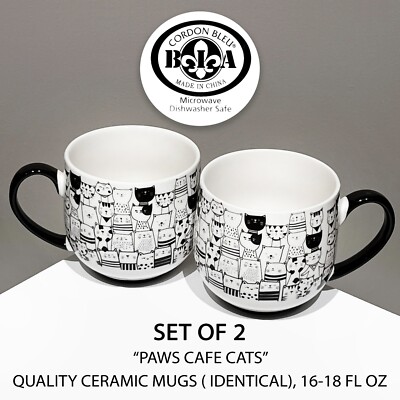 SET OF 2 New CORDON BLEU Paws Cafe Cats Quality Identical Ceramic Mugs  16-18 oz
