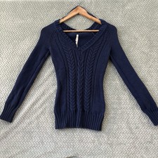 Aeropostale Navy Cable Knit V-Neck Sweater   Women  s Small, Preppy Classic