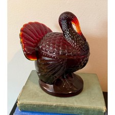 VTG L. E. Smith ruby red amberina glass turkey/lidded dish/Thanksgiving