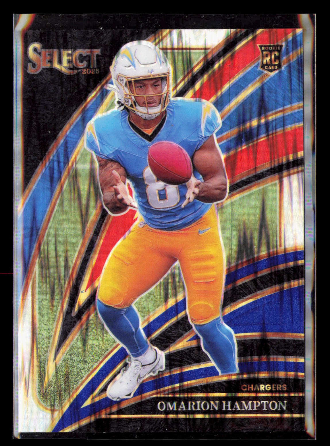2025 Panini Select #202 Omarion Hampton Red and Blue Prizm Shock