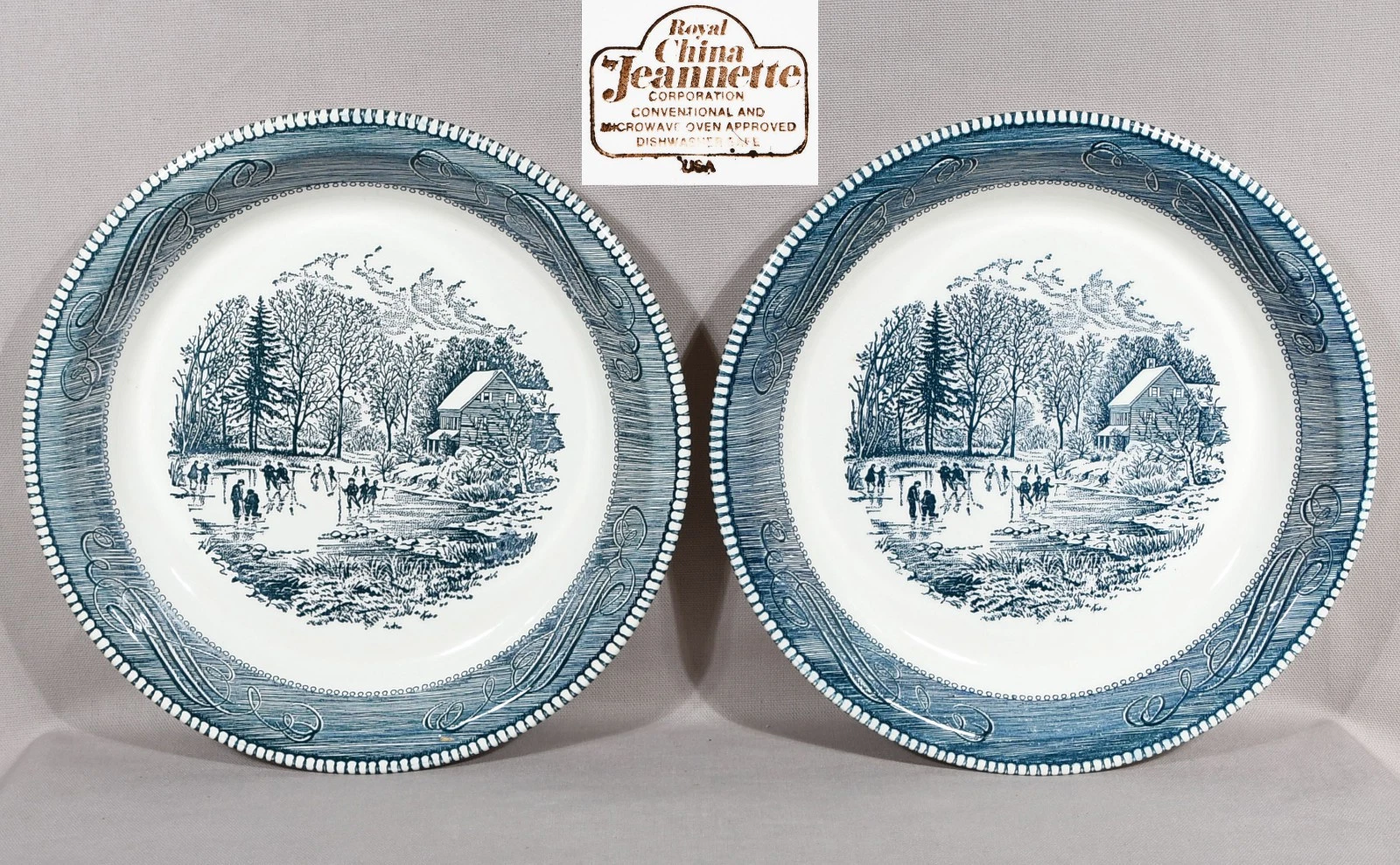Royal China Jeannette TWO Currier & Ives Blue & White Pie Plates 10"