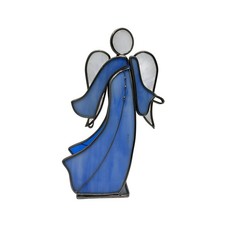 Vintage Stained Glass Angel Figurine 1989 Blue White Wings Desk Shelf Decor