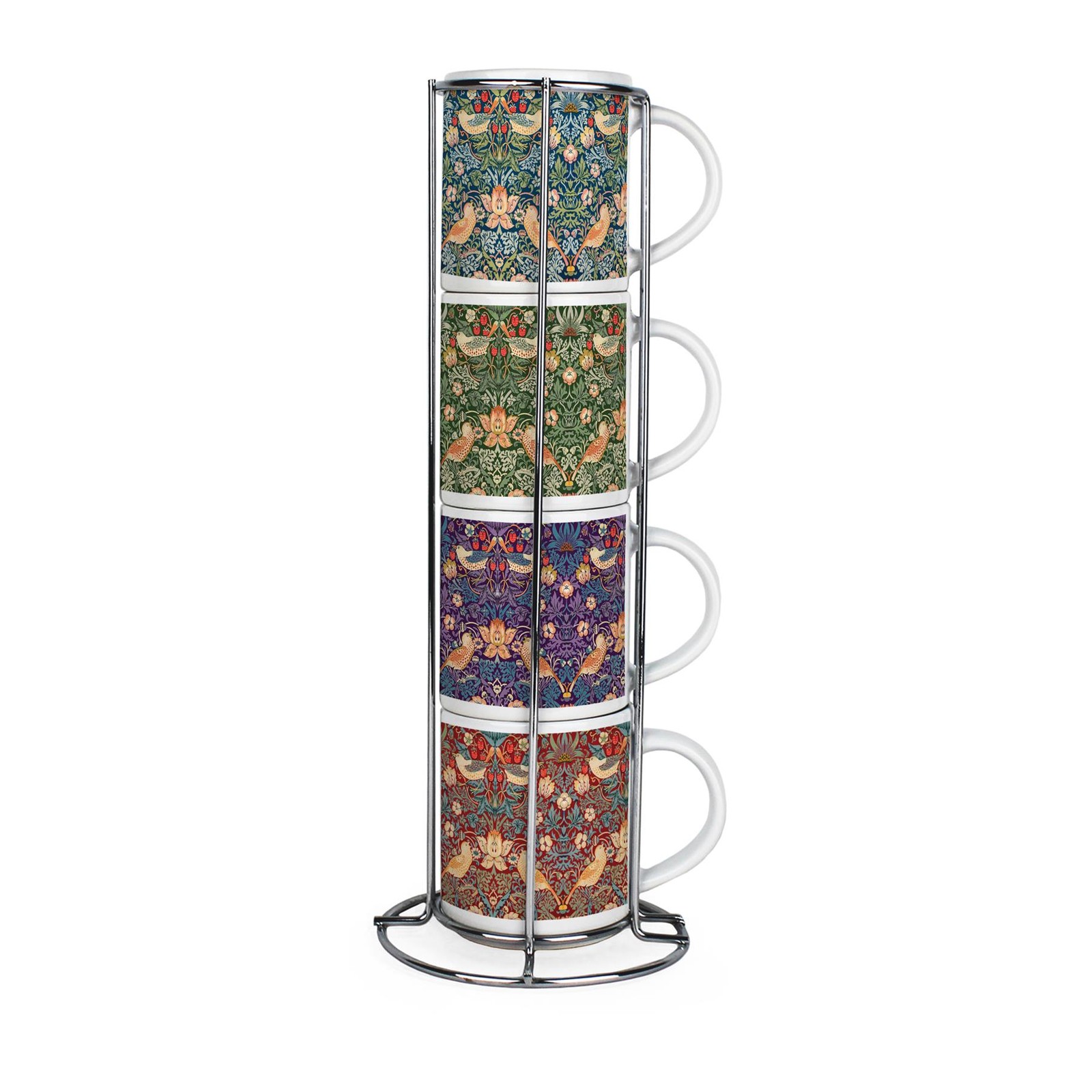 Strawberry Thief Small Stacking Mugs Set - Set of 4 Ceramic Mugs Gift with Stand