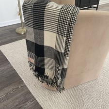 Vintage Glen Cree Plaid Wool Houndstooth Throw Blanket Fringe Scotland 84x48 B W