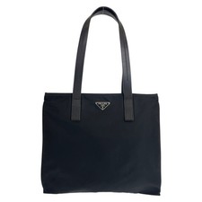 Prada Nylon Leather Tessuto Logo Tote Bag Women Black One Size
