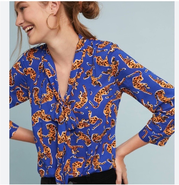 Anthropologie 17 of 52 Conversations Colloquial Neck Tie Blouse 8 leopard print