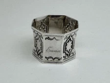 Beautiful Paneled Octagonal Victorian Era Coin Silver Napkin Ring Named “EMMA”