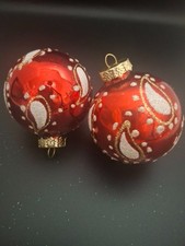 Vtg Hand Decorated Red Glass Ornaments Set of 2 Glitter European Christmas Decor