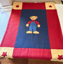 Vintage Blue Jean Teddy Bear Baby Blanket Fleece Red Yellow Blue Stars 32" x 42"