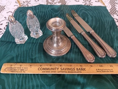 LOT of Antique Sterling Silver - 1 Gorham Candlestick - 3 Knives - Salt & Pepper