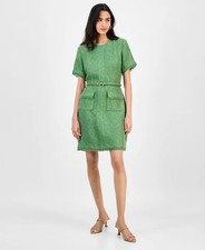 Tahari ASL Women's Bow-Belt Frayed-Edge Short-Sleeve Dress - Green Tea - 8 - DMG