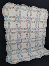 Vintage Double Wedding Ring Quilt Hand Stitched Patchwork Cottagecore A188