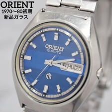 New glass ORIENT men's watch with blue dial, new battery, 1970s