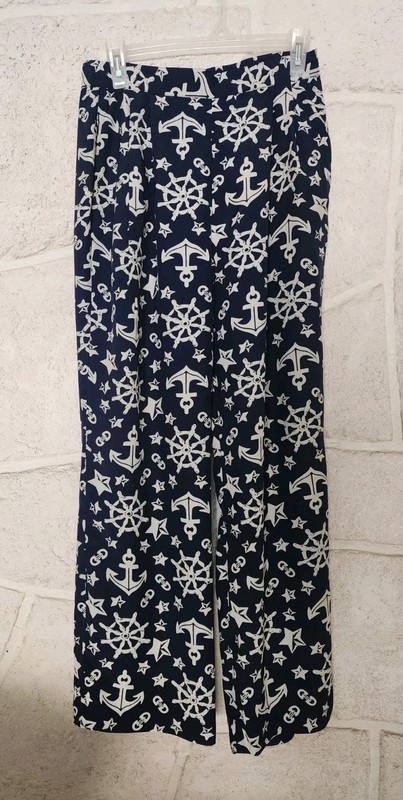 Nautical anchor print slinky pants navy blue white woman size 4