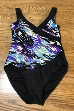 Catalina Swimsuit Womens Large 12 14 Vintage Black Purple One Piece Padded Bra