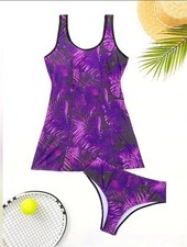 Womens XXL Purple Leaf Print Scoop Neck 2 Piece Set Tankini High Stretch