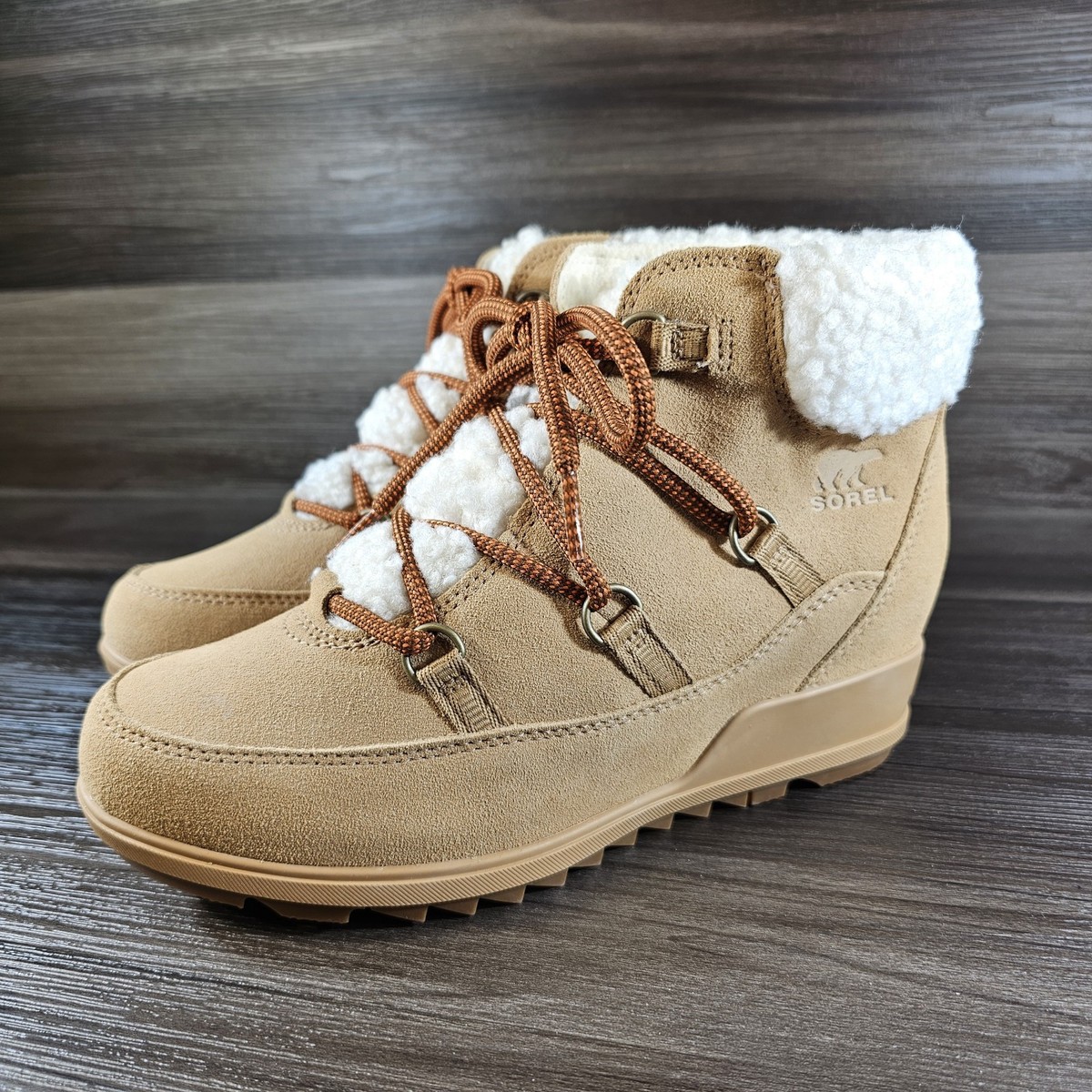 Sorel Evie Cozy Lace Up Wedge Tawny Buff Suede Waterproof Boots Women's  Sz