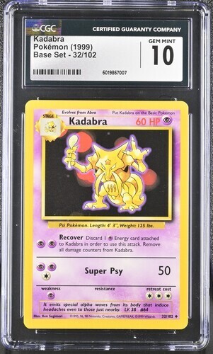 CGC 10 KADABRA 32 BASE SET UNLIMITED POKEMON GEM MINT VINTAGE - Picture 1 of 2