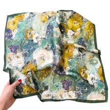 100 Silk 20" Small Scarf Women Retro Neckerchief Wrap Green Flower Oil Painting