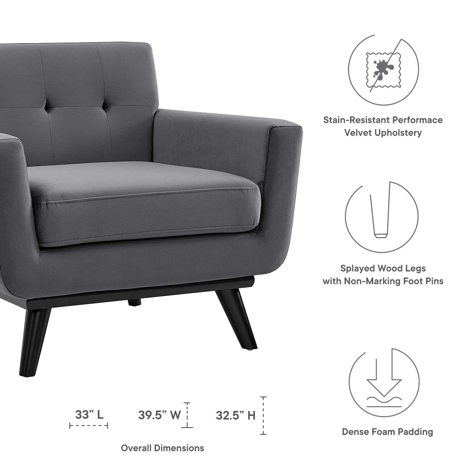Modway Engage Mid-Century Modern Performance Velvet Armchair in Gray