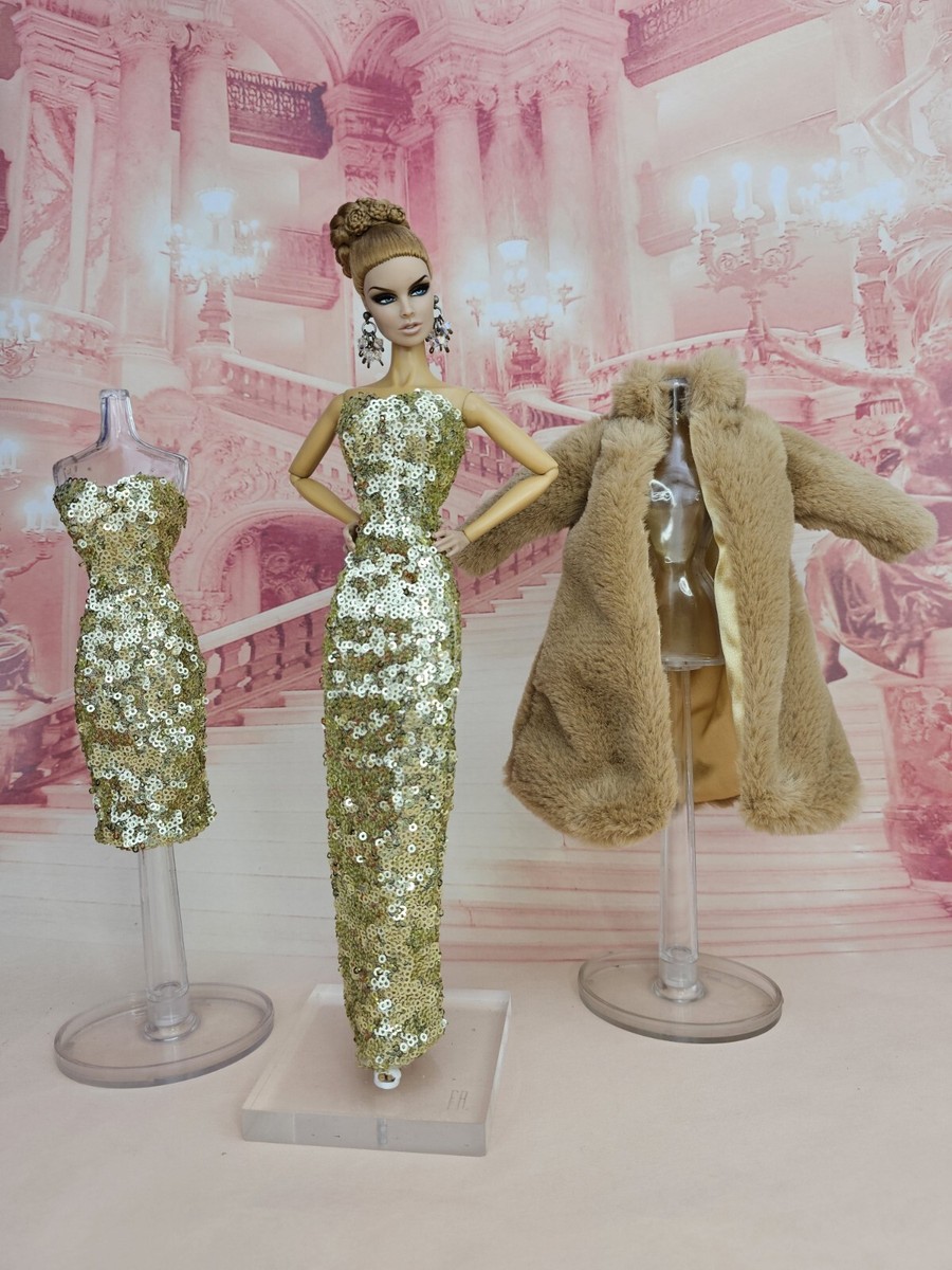 Gold Dress Outfit Gown Fur Jacket Coat Silkstone Barbie Fashion