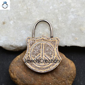 Authentic Pave Diamond Padlock Pendant Sapphire Peace Necklace 925 Silver Gold Plated