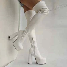 Women Over Knee High Boots Block Heels Elastic Side Zip Stretch Tall Boots Shoes