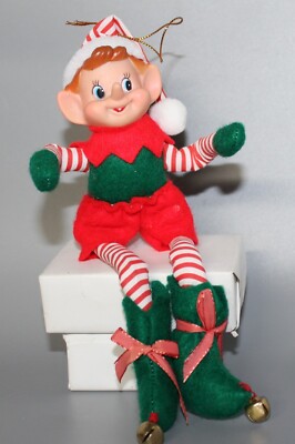 Vintage Christmas Pixie Elf Plastic Face with Green and Red Felt Body Ornament