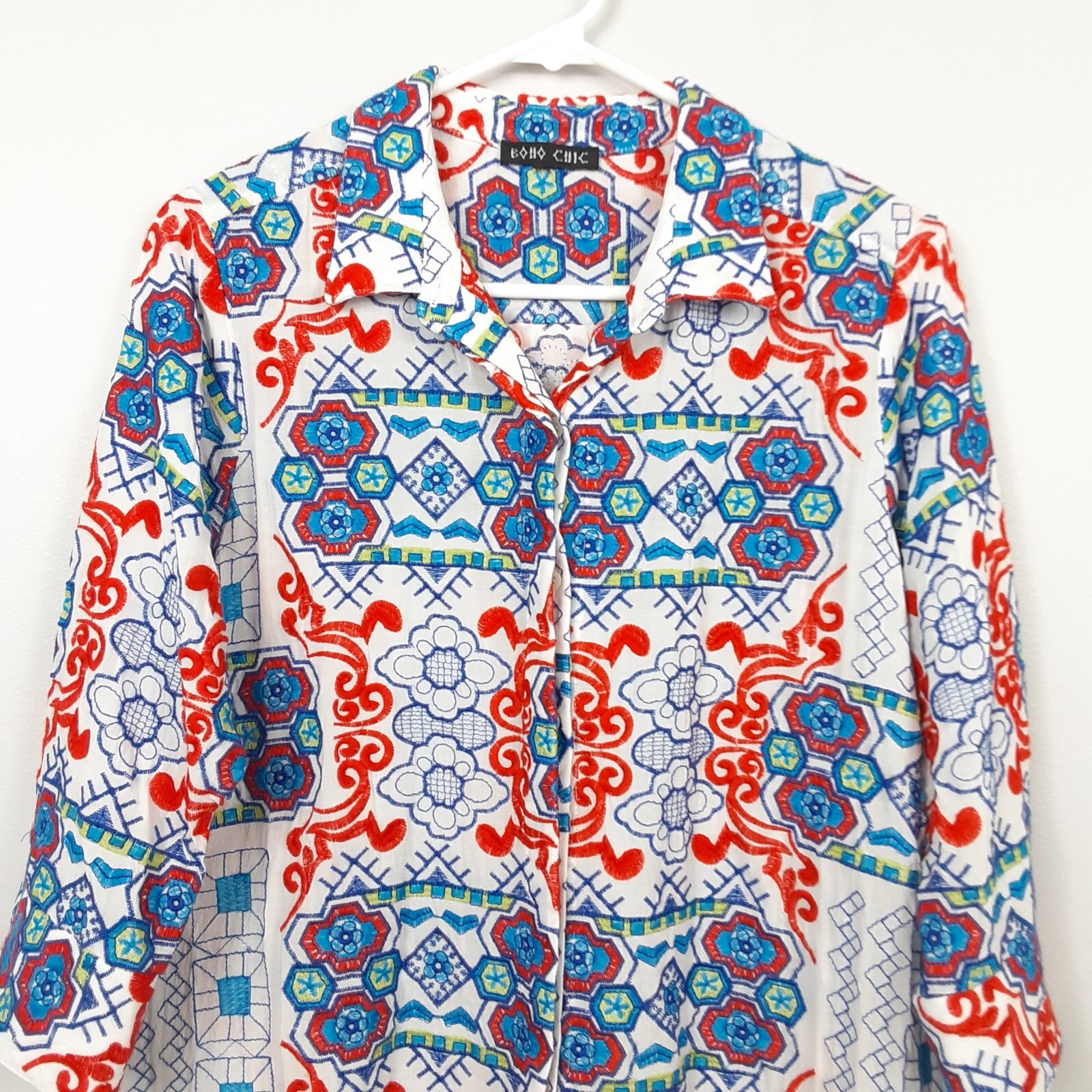 BOHO CHIC Embroidered Button Down Tunic Shirt Sz L - image 5