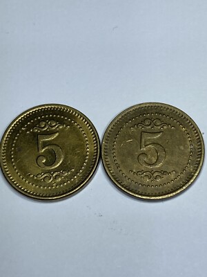 2 ANTIQUE BRASS BOARDWALK ARCADE AMUSEMENT TOKENS - 5 CENTS - LOOK!
