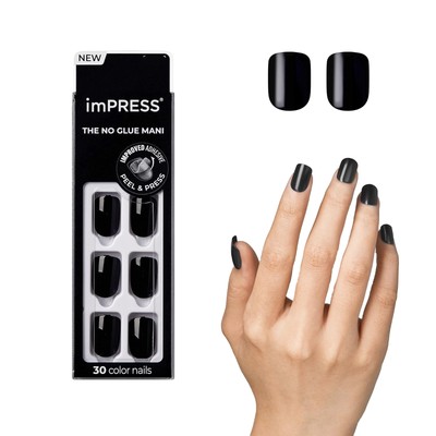 KISS imPRESS No Glue Mani Press On Nails, Color, 'All Black', Black, Short Si...