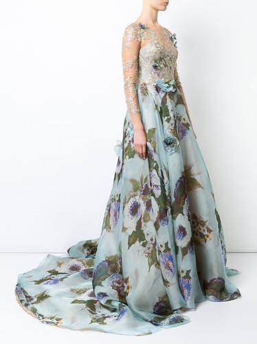 MARCHESA Gold Lace Panel Flared Gown 
