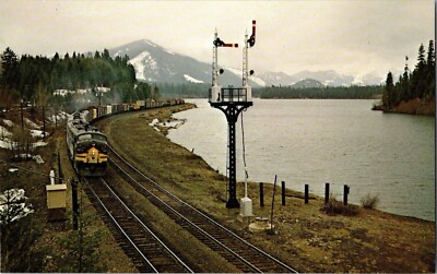 #ad Vtg Postcard Northern Pacific Freight Train Signals Upper Yakima River Cascades $4.39