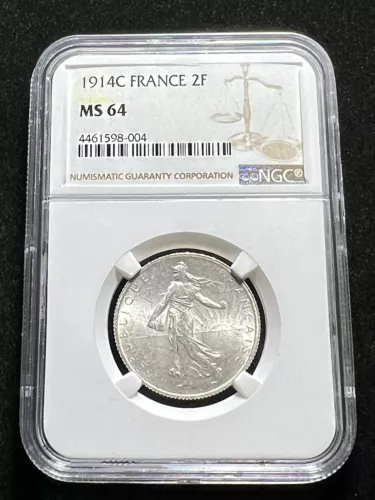 France 2 Francs, 1914C, KM# 845.1, NGC MS64, Silver Coin, UNC