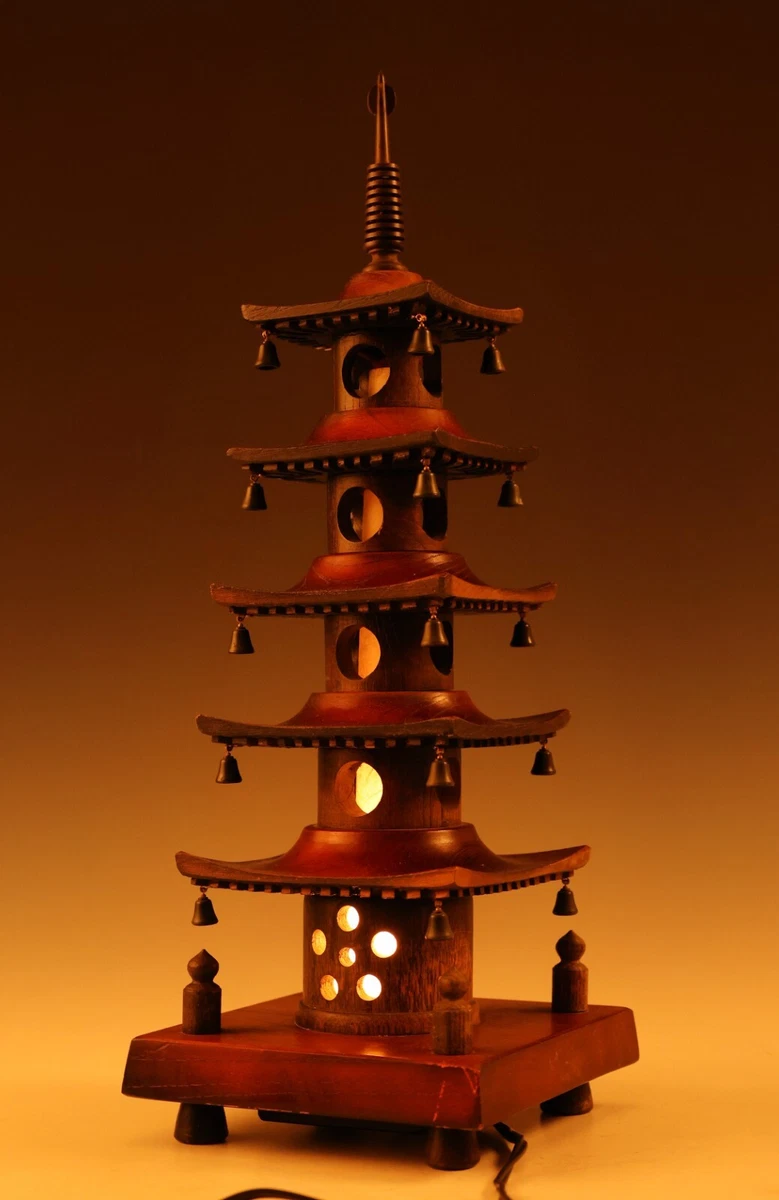 Japanese Old Vintage Wooden Figure Five Story Pagoda Lamp