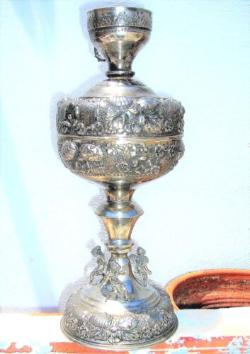 ANTIQUE LARGE REPOUSEE SILVER PLATED OIL LAMP BASE CHERUBS IOANNINA GREECE 16.9" - Picture 1 of 11