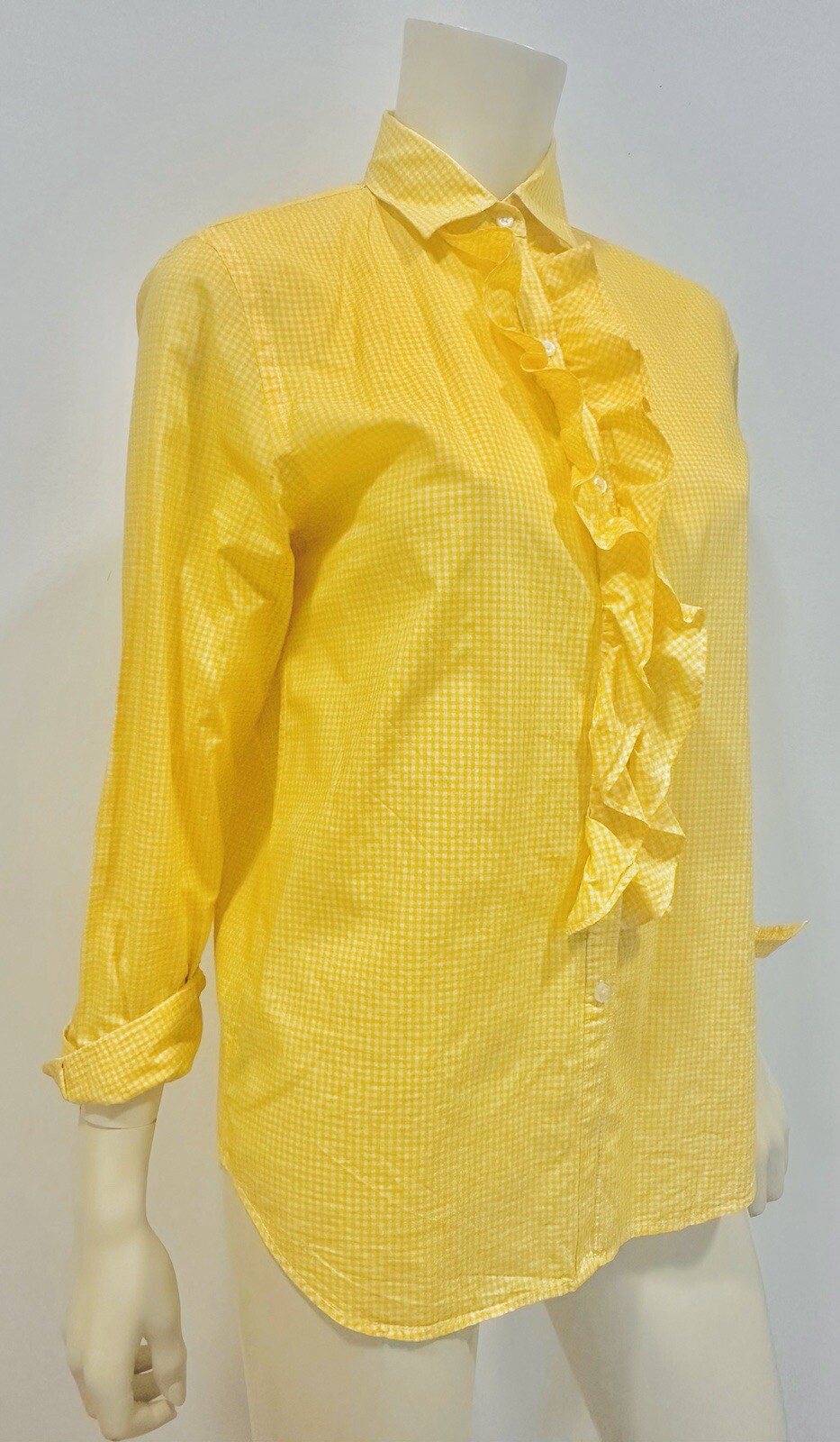 Ralph Lauren Shirt Top Vintage Yellow Gingham Cotton Blouse Ruffle Front Women S