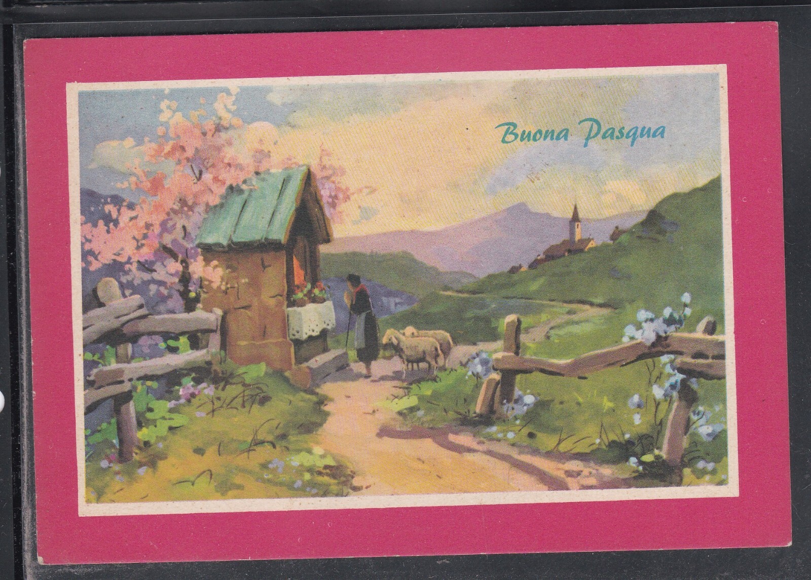 Cartolina Buona Pasqua Paesaggio Donna che Prega Cappella ZB1041