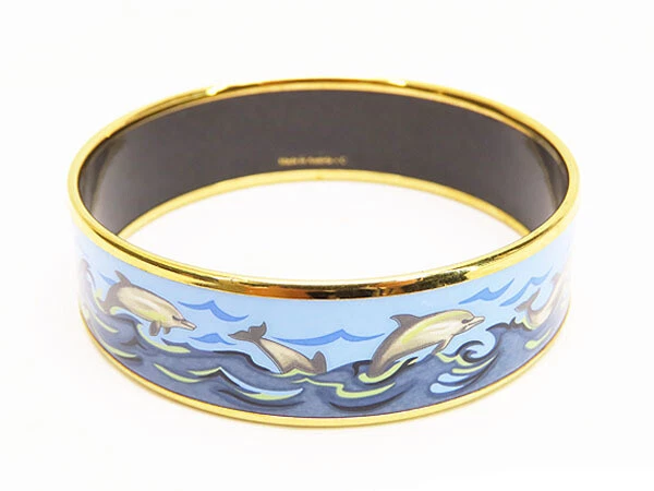 HERMES Emaile GM Dolphin Bangle Bracelet Light Blue x Navy x Gold